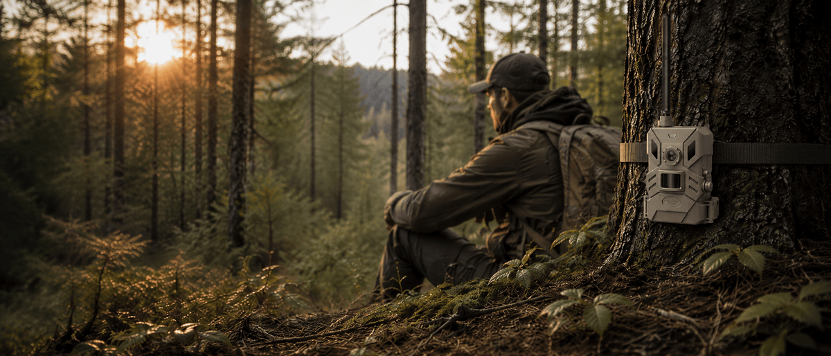 Hunter resting in a forest at sunset beside an Outdoor Expert trail camera mounted on a tree.