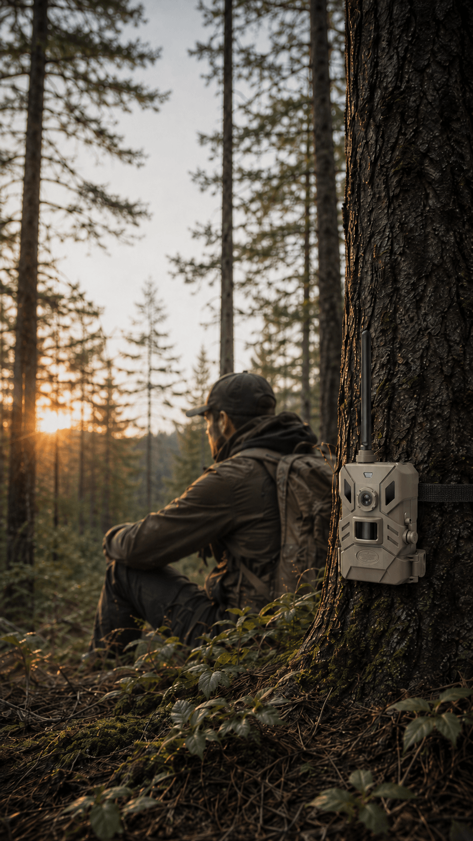 Outdoor Expert trail camera mounted on a tree in a forest at sunset with a hunter sitting nearby