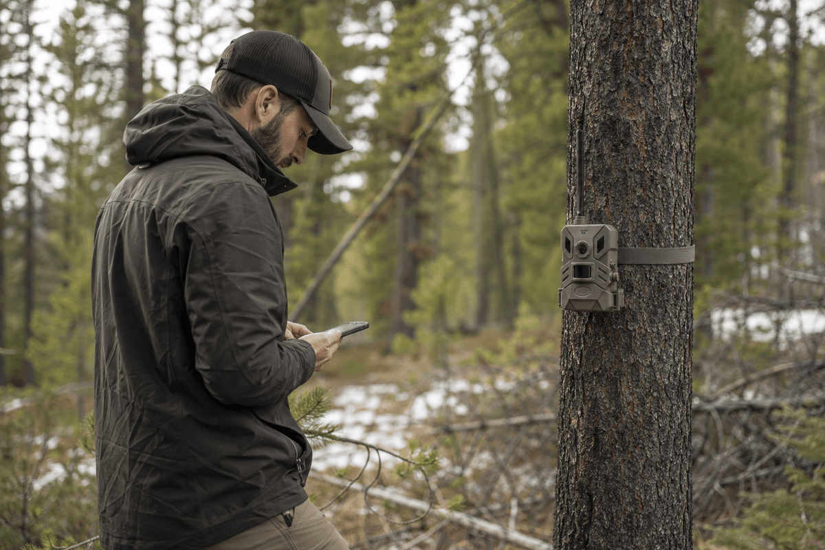 Hunter checking a trail camera mounted on a tree in a Montana forest.